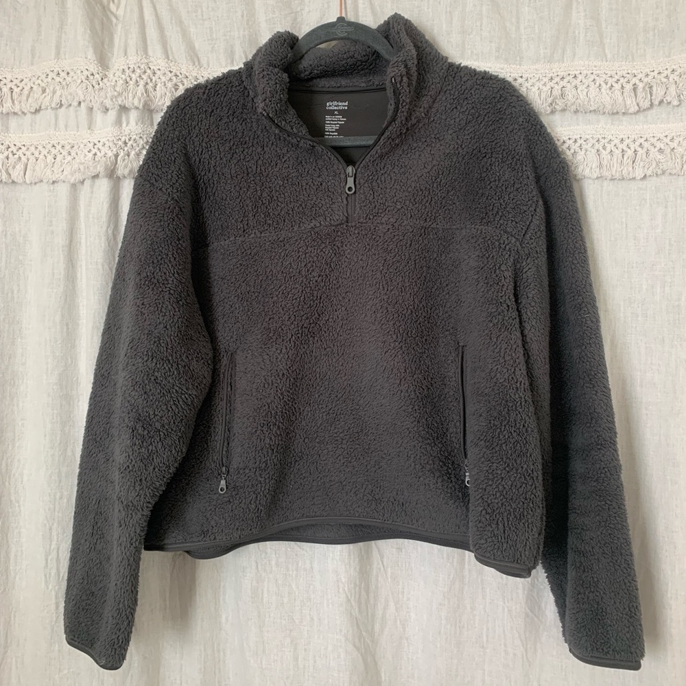Girlfriend collective dark gray sherpa fuzzy quarter zip jacket